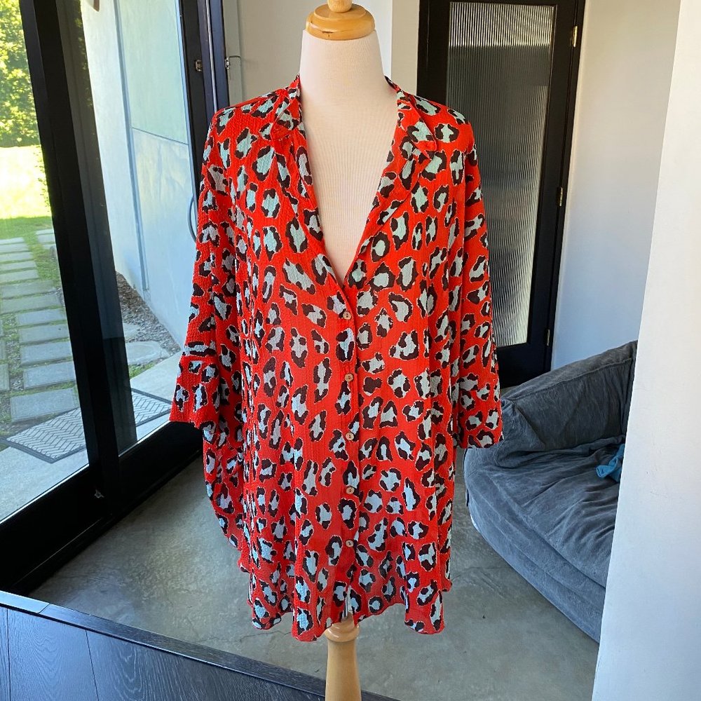 Free People Leopard Button Down Blouse OVERSIZED